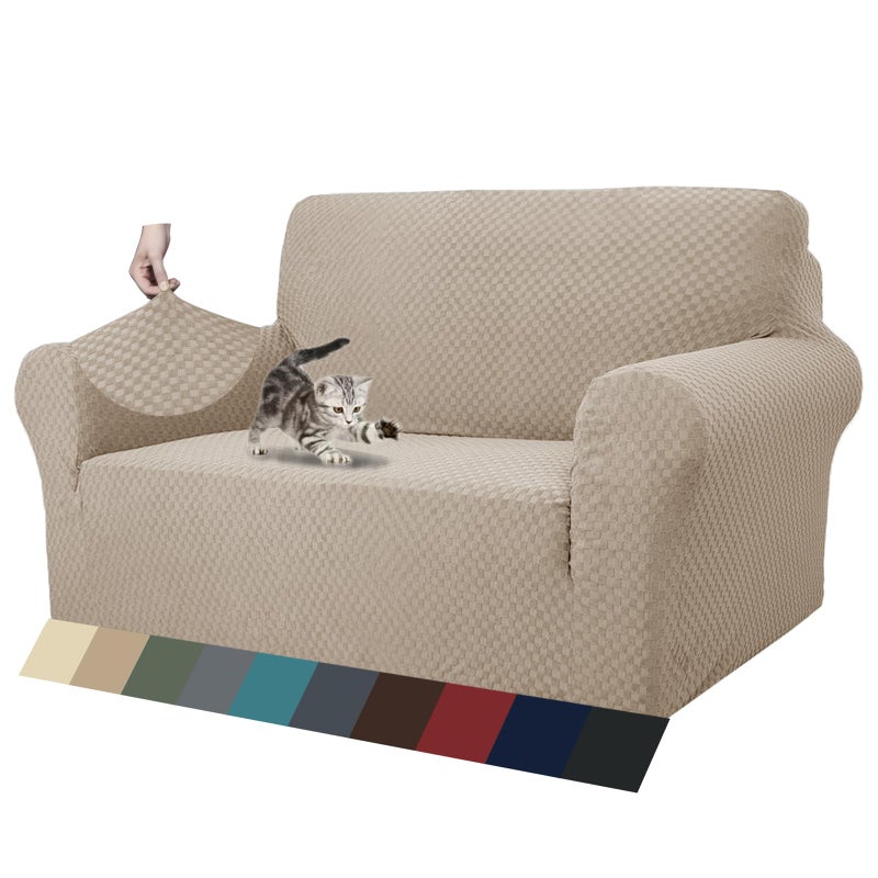 ZNSAYOTX 1 Piece Jacquard Couch Covers for 2 Cushion Couch High Stretch Loveseat Slipcover for Pets Dogs Anti Slip Love Seat Sofa Slipcover Furniture Protector (Loveseat, Khaki) - Image 1